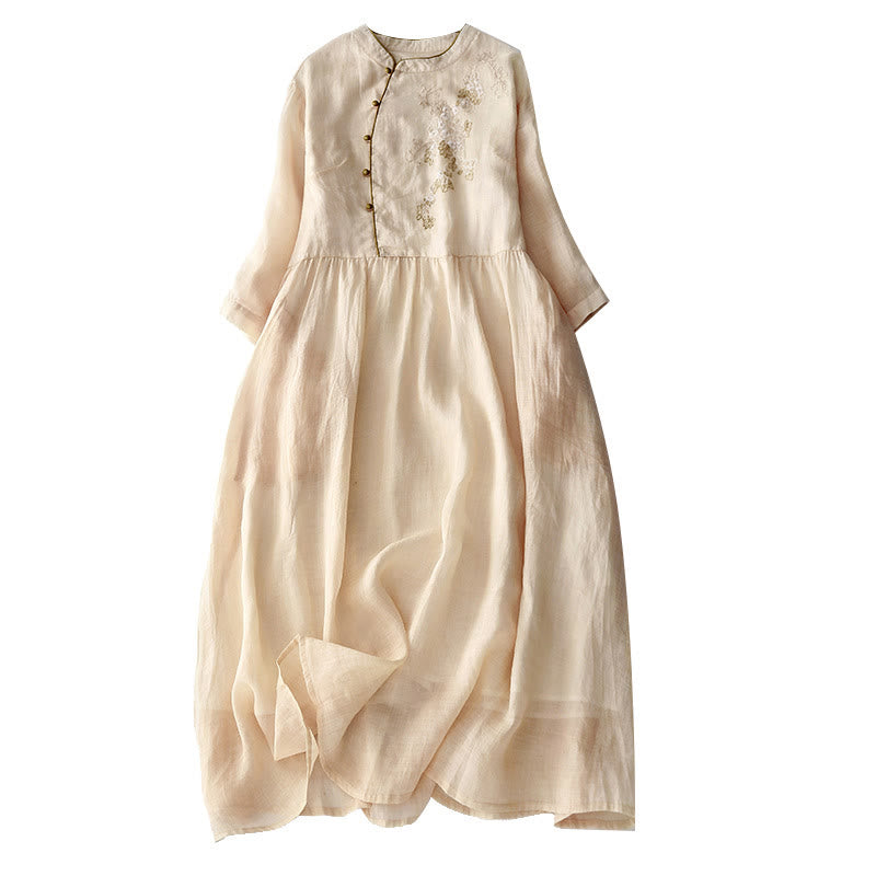 Buddha Stones Embroidery Buttons Design Long Sleeve Cotton Linen Midi Dress With Pockets - image 14