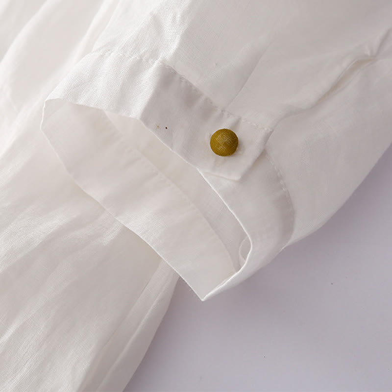 Buddha Stones Embroidery Buttons Design Long Sleeve Cotton Linen Midi Dress With Pockets - image 21