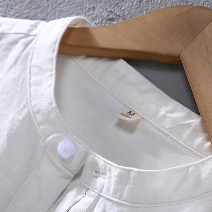 Buddha Stones Spring Pure Color Half Buttons Design Stand Collar Men's Short Sleeve Linen Shirt With Pocket - image 6