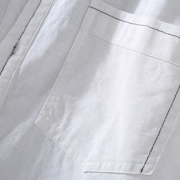 Buddha Stones Spring Pure Color Half Buttons Design Stand Collar Men's Short Sleeve Linen Shirt With Pocket - image 8