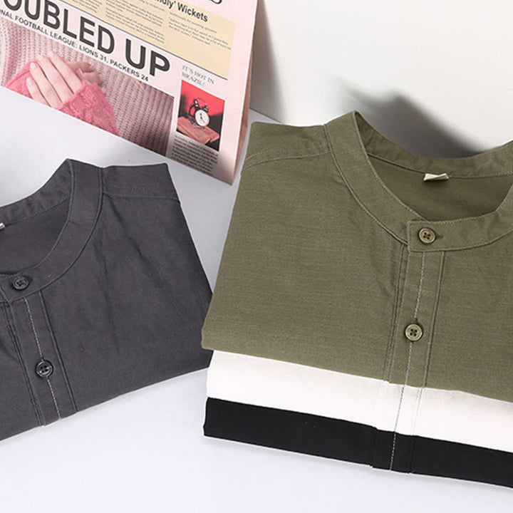 Buddha Stones Spring Pure Color Half Buttons Design Stand Collar Men's Short Sleeve Linen Shirt With Pocket - image 15