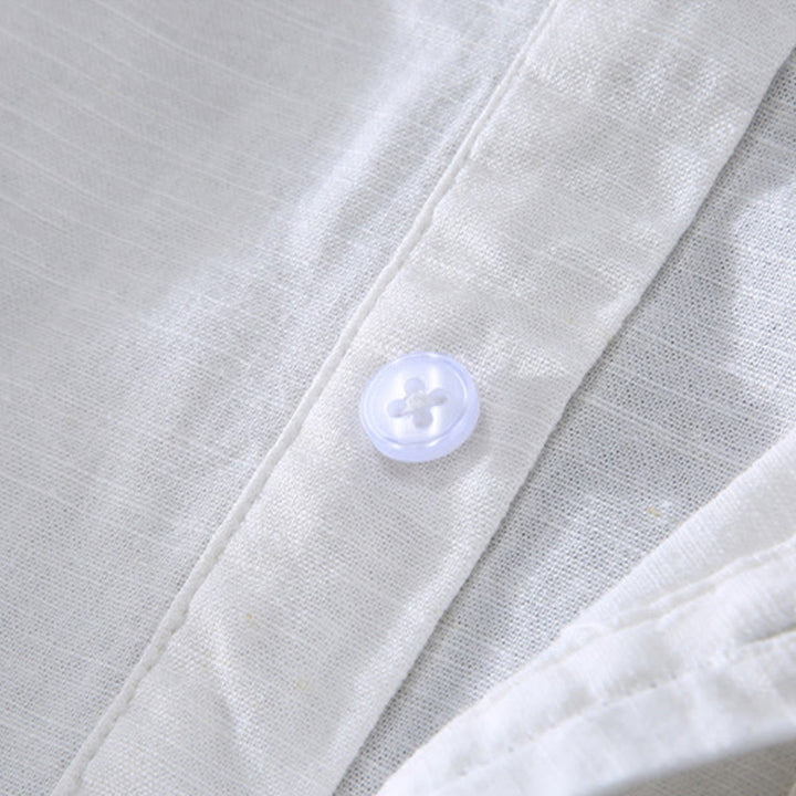 Buddha Stones Spring Pure Color Half Buttons Design Stand Collar Men's Short Sleeve Linen Shirt With Pocket - image 7