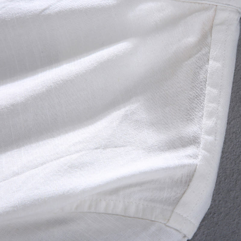 Buddha Stones Spring Pure Color Half Buttons Design Stand Collar Men's Short Sleeve Linen Shirt With Pocket - image 10