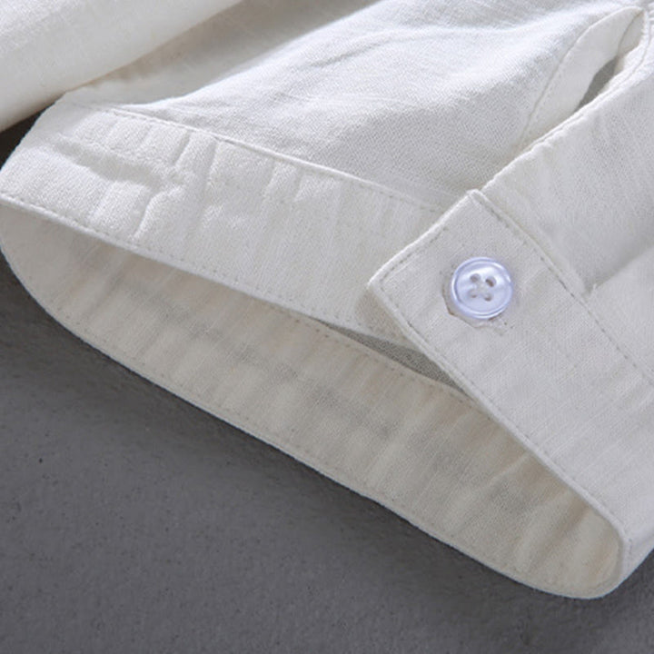 Buddha Stones Spring Pure Color Half Buttons Design Stand Collar Men's Short Sleeve Linen Shirt With Pocket - image 9