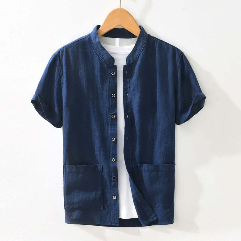 Buddha Stones Casual Buttons Design Stand Collar Men's Short Sleeve Cotton Linen Shirt With Pockets - DarkBlue - US/UK/AU42，EU52 (3XL) - image 13