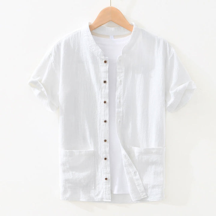 Buddha Stones Casual Buttons Design Stand Collar Men's Short Sleeve Cotton Linen Shirt With Pockets - White - US/UK/AU42，EU52 (3XL) - image 7