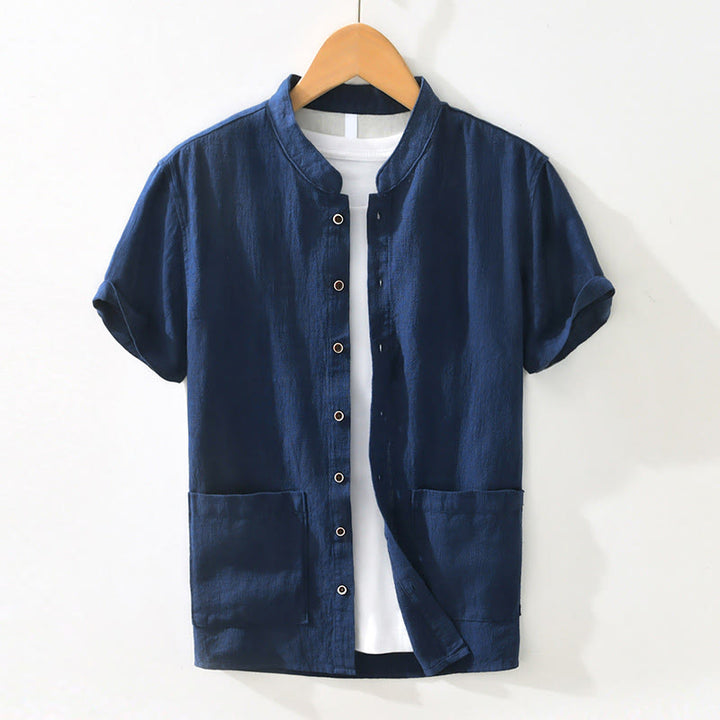 Buddha Stones Casual Buttons Design Stand Collar Men's Short Sleeve Cotton Linen Shirt With Pockets - DarkBlue - US/UK/AU42，EU52 (3XL) - image 13