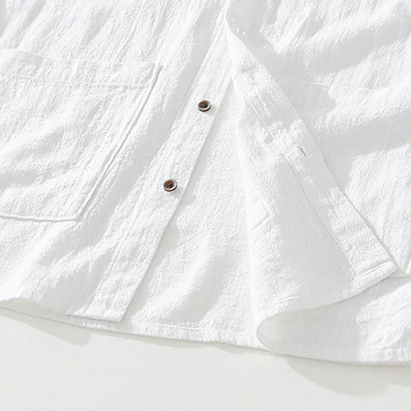 Buddha Stones Casual Buttons Design Stand Collar Men's Short Sleeve Cotton Linen Shirt With Pockets - image 10