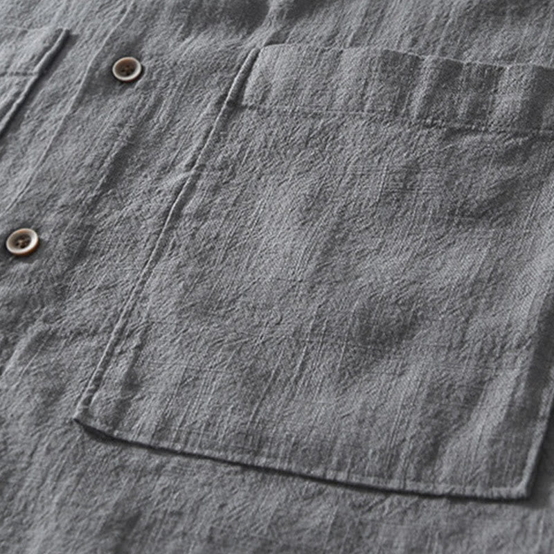 Buddha Stones Casual Buttons Design Stand Collar Men's Short Sleeve Cotton Linen Shirt With Pockets - image 3