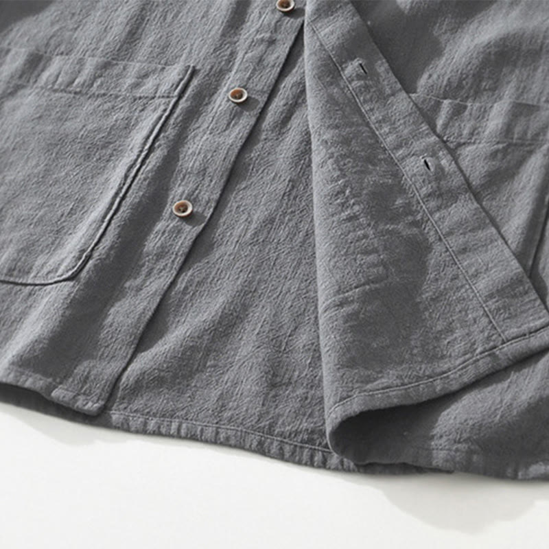 Buddha Stones Casual Buttons Design Stand Collar Men's Short Sleeve Cotton Linen Shirt With Pockets - image 6