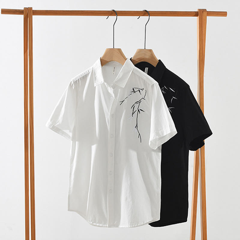 Buddha Stones Artistic Simple Design Embroidery Bamboo Pattern Men's Short Sleeve Cotton Shirt - image 14