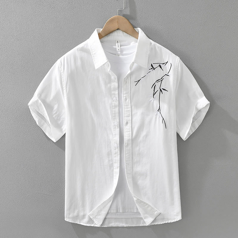 Buddha Stones Artistic Simple Design Embroidery Bamboo Pattern Men's Short Sleeve Cotton Shirt - White - US/UK/AU42，EU52 (3XL) - image 1