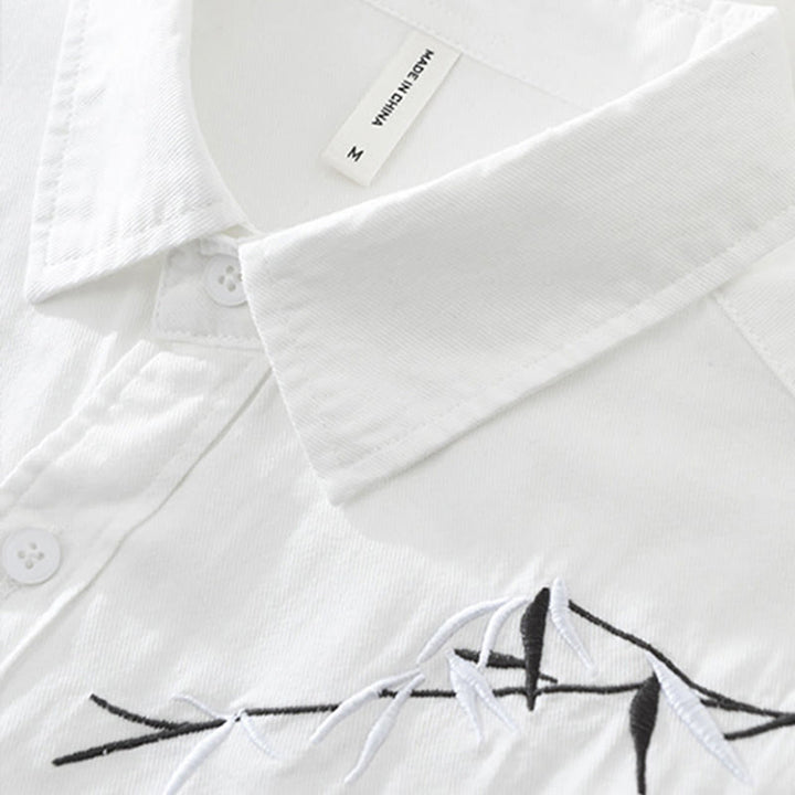 Buddha Stones Artistic Simple Design Embroidery Bamboo Pattern Men's Short Sleeve Cotton Shirt - image 5