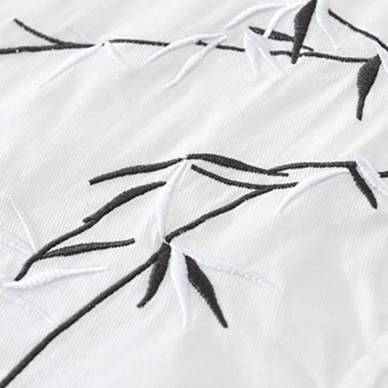 Buddha Stones Artistic Simple Design Embroidery Bamboo Pattern Men's Short Sleeve Cotton Shirt - image 6