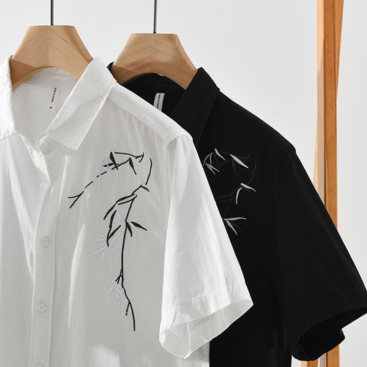 Buddha Stones Artistic Simple Design Embroidery Bamboo Pattern Men's Short Sleeve Cotton Shirt - image 15