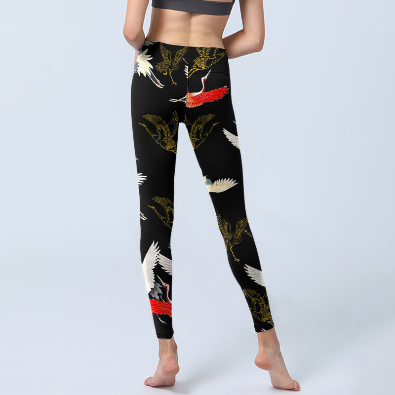 Buddha Stones White Red Gold Cranes Print Gym Leggings Women's Yoga Pants - image 6