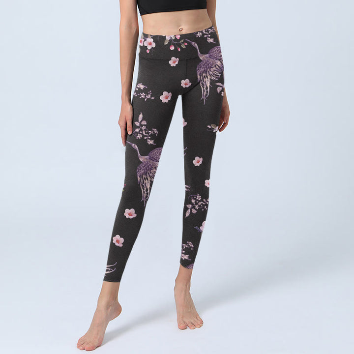 Buddha Stones Pink Flowers Flying Cranes Print Gym Leggings Women's Yoga Pants - image 5