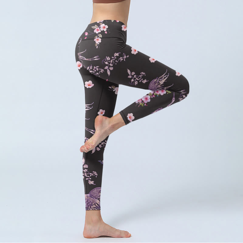 Buddha Stones Pink Flowers Flying Cranes Print Gym Leggings Women's Yoga Pants - image 3