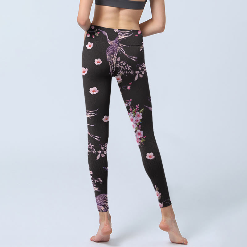Buddha Stones Pink Flowers Flying Cranes Print Gym Leggings Women's Yoga Pants - image 6