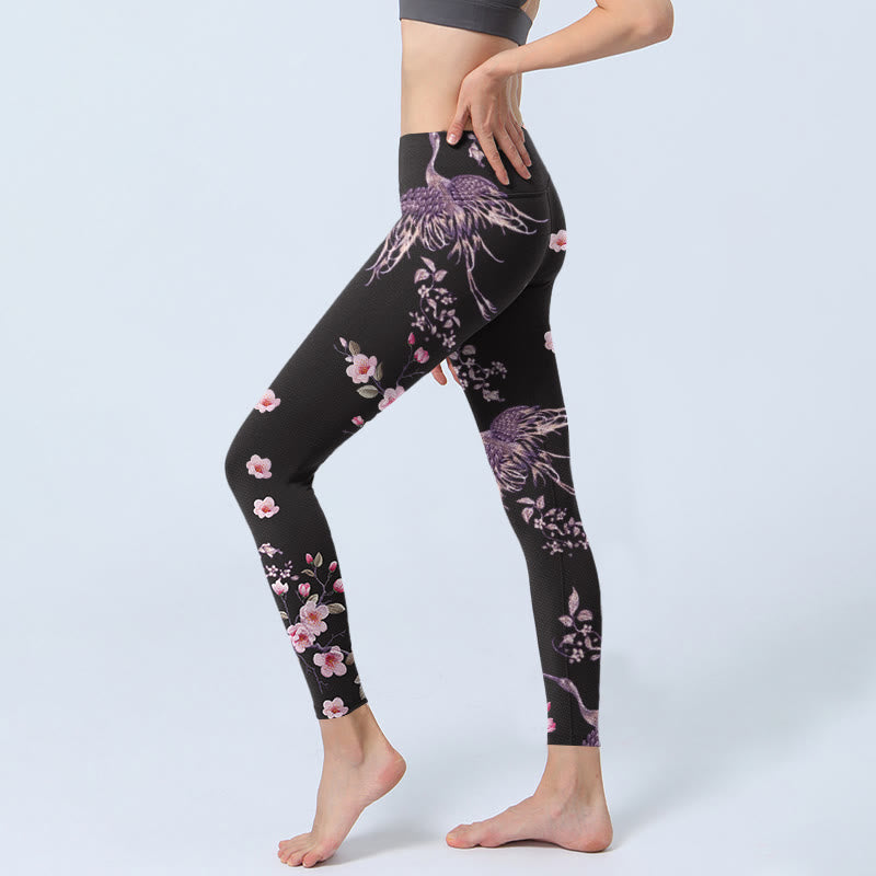 Buddha Stones Pink Flowers Flying Cranes Print Gym Leggings Women's Yoga Pants - image 2