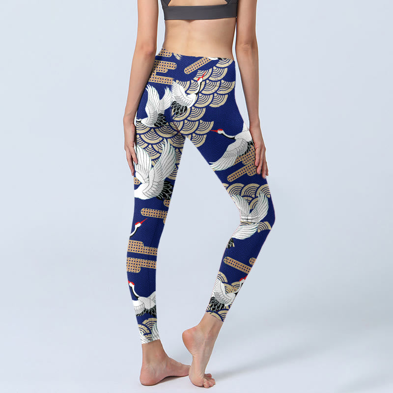 Buddha Stones Red-crowned Cranes Fan-shaped Auspicious Clouds Print Gym Leggings Women's Yoga Pants - image 4