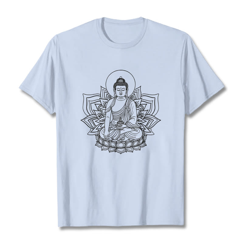 Buddha Stones Medicine Buddha Seated On A Lotus Pedestal Tee T-shirt - LightCyan - 2XL - image 18