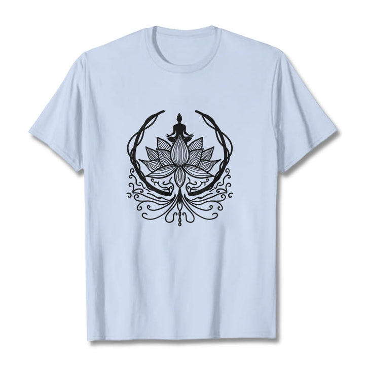 Buddha Stones Meditation Buddha Seated Inside A Lotus Flower Tee T-shirt - LightCyan - 2XL - image 18