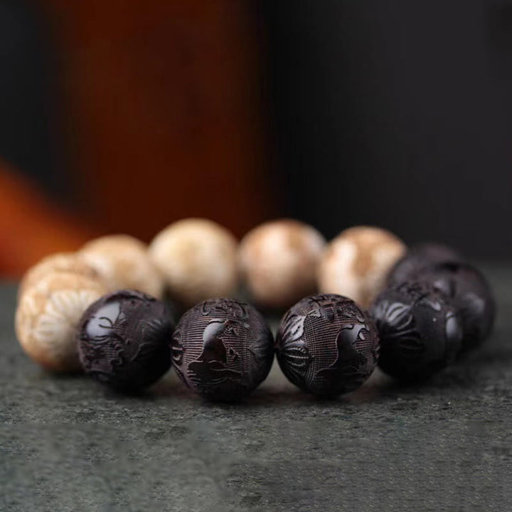 Buddha Stones Ebony Wood Camphor Wood Yin Yang Ox Engraved Peace Bracelet - image 2