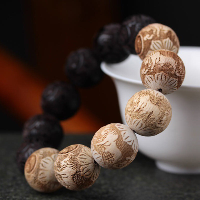 Buddha Stones Ebony Wood Camphor Wood Yin Yang Ox Engraved Peace Bracelet - image 1