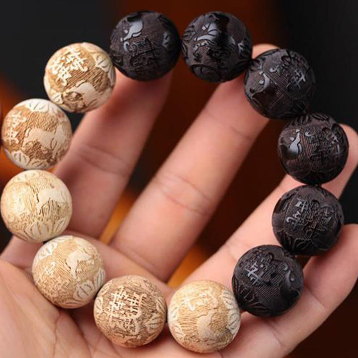 Buddha Stones Ebony Wood Camphor Wood Yin Yang Ox Engraved Peace Bracelet - image 4