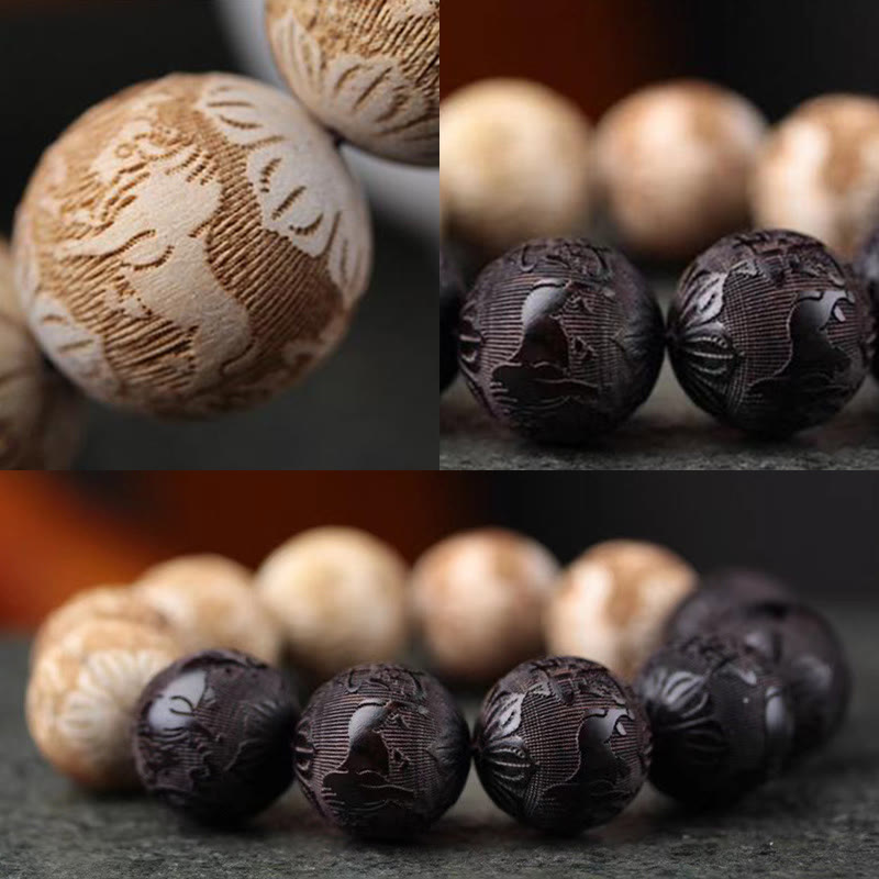 Buddha Stones Ebony Wood Camphor Wood Yin Yang Ox Engraved Peace Bracelet - image 8