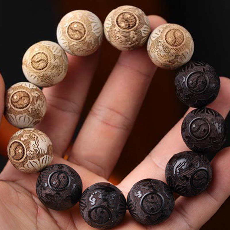 Buddha Stones Ebony Wood Camphor Wood Yin Yang Ox Engraved Peace Bracelet - image 3
