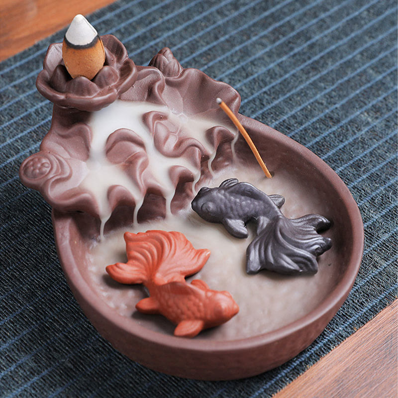 Buddha Stones Koi Fish Ox Purple Clay Ceramic Incense Stick Holder Healing Incense Burner Decoration - Koi Fish 10.8*13.5*5cm(without incense) - image 8