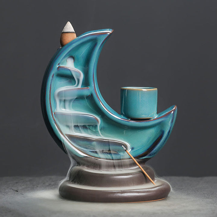 Buddha Stones Blue Crescent Moon Ceramic Backflow Smoke Fountain Meditation Candlestick Incense Burner Decoration - Crescent Moon 12.2*7.6*14.8cm - image 0