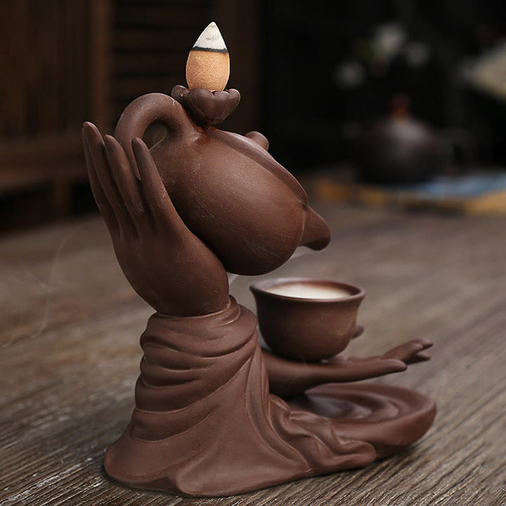 Buddha Stones Buddha Hand Holding Teapot Cup Ceramic Backflow Smoke Fountain Healing Incense Burner Decoration - image 14