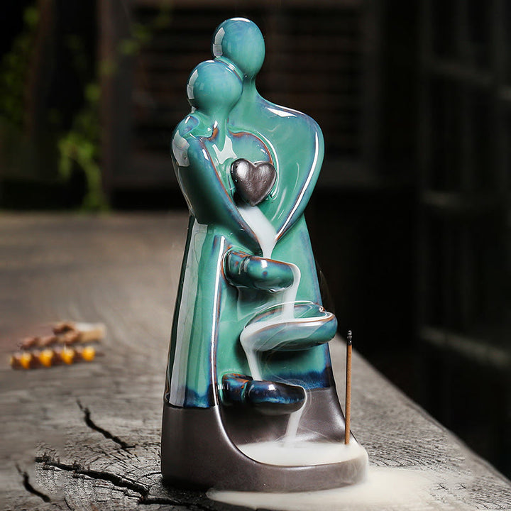 Buddha Stones Lovers Couple Embrace Love Ceramic Backflow Smoke Fountain Healing Incense Burner Decoration - image 1