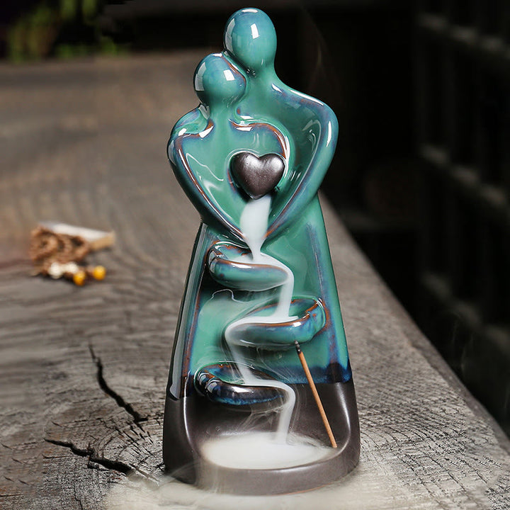 Buddha Stones Lovers Couple Embrace Love Ceramic Backflow Smoke Fountain Healing Incense Burner Decoration - image 4