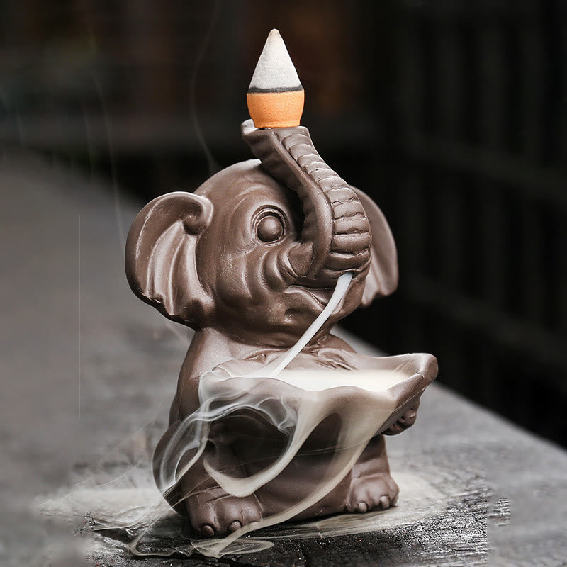 Buddha Stones Little Elephant Holding Leaf Purple Clay Backflow Smoke Fountain Healing Incense Burner Decoration - image 1