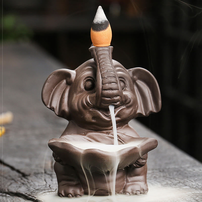 Buddha Stones Little Elephant Holding Leaf Purple Clay Backflow Smoke Fountain Healing Incense Burner Decoration - image 8