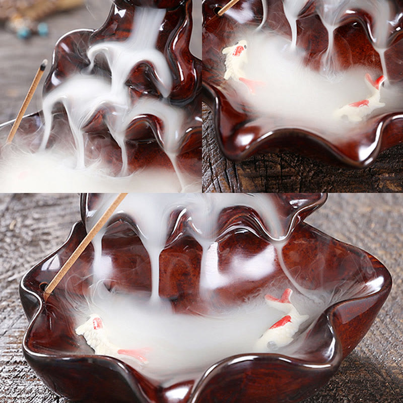 Buddha Stones Lotus Leaf Koi Fish Ceramic Backflow Smoke Fountain Peace Incense Burner Decoration - image 17