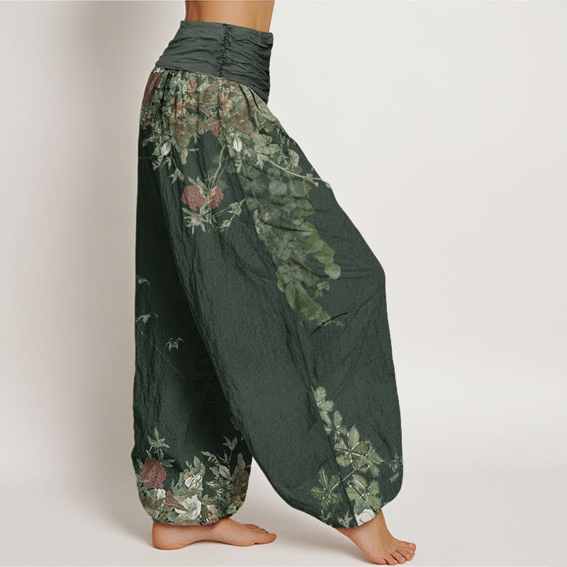 Buddha Stones Cotton Casual Red Peony Flower Vine Design Women's Elastic Waist Harem Pants - image 5