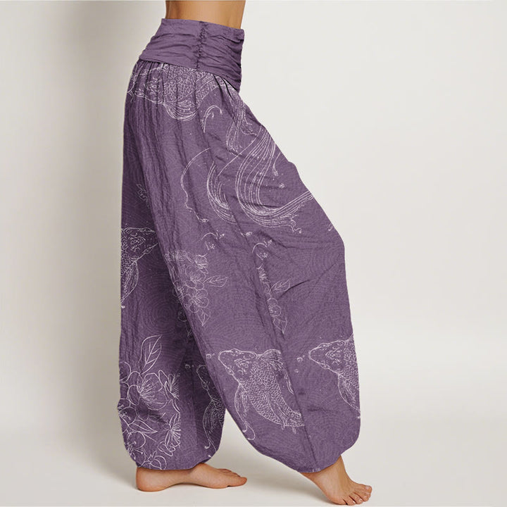Buddha Stones Cotton Koi Fish Floral Pattern Women's Elastic Waist Harem Pants - image 5