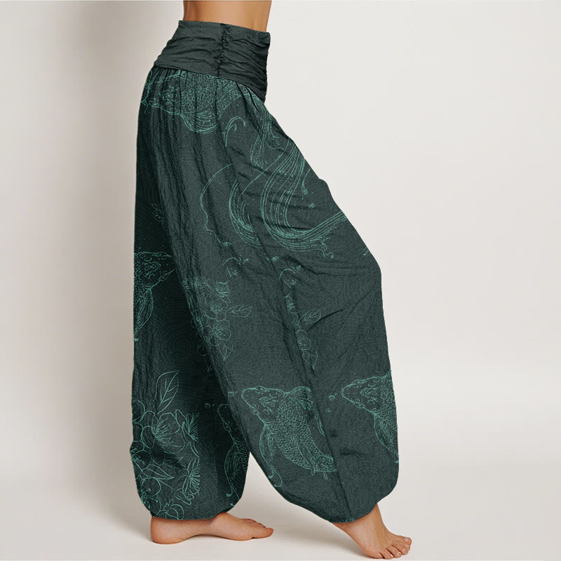 Buddha Stones Cotton Koi Fish Floral Pattern Women's Elastic Waist Harem Pants - image 6