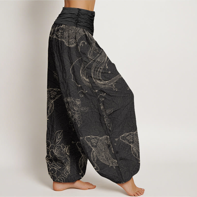 Buddha Stones Cotton Koi Fish Floral Pattern Women's Elastic Waist Harem Pants - image 1