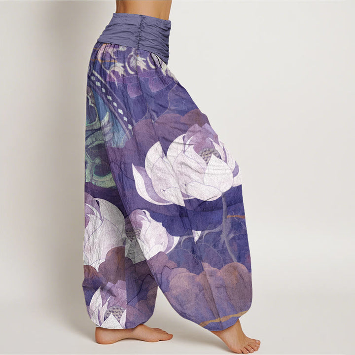 Buddha Stones Cotton White Lotus Leaves Pattern Casual Women's Elastic Waist Harem Pants - image 6
