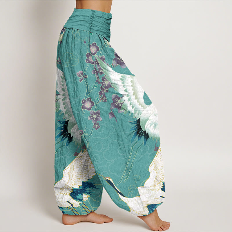 Buddha Stones Cotton Cranes Flowers Auspicious Clouds pattern Women's Elastic Waist Harem Pants - image 8