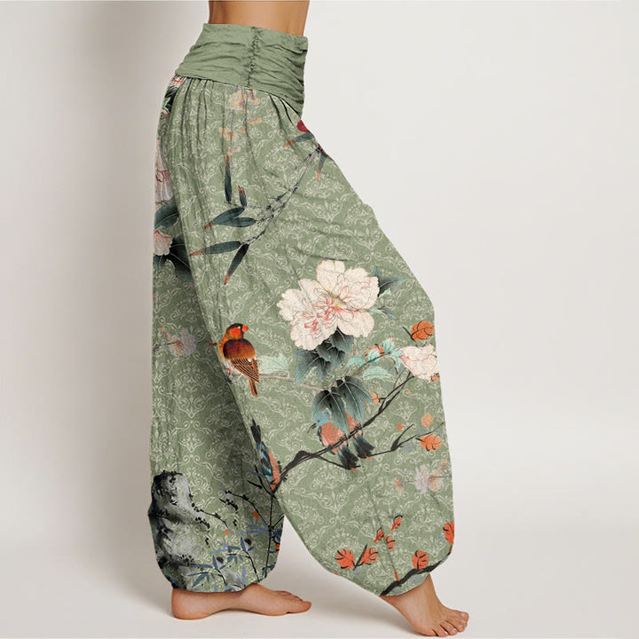 Buddha Stones Cotton Warbler Bird Blooming Flower Branches Mandala Pattern Women's Elastic Waist Harem Pants - image 1