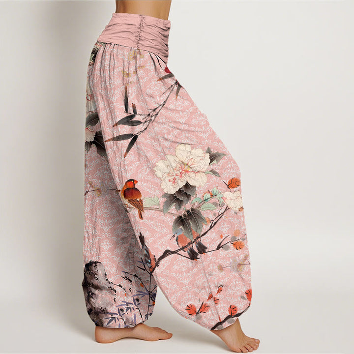 Buddha Stones Cotton Warbler Bird Blooming Flower Branches Mandala Pattern Women's Elastic Waist Harem Pants - image 8
