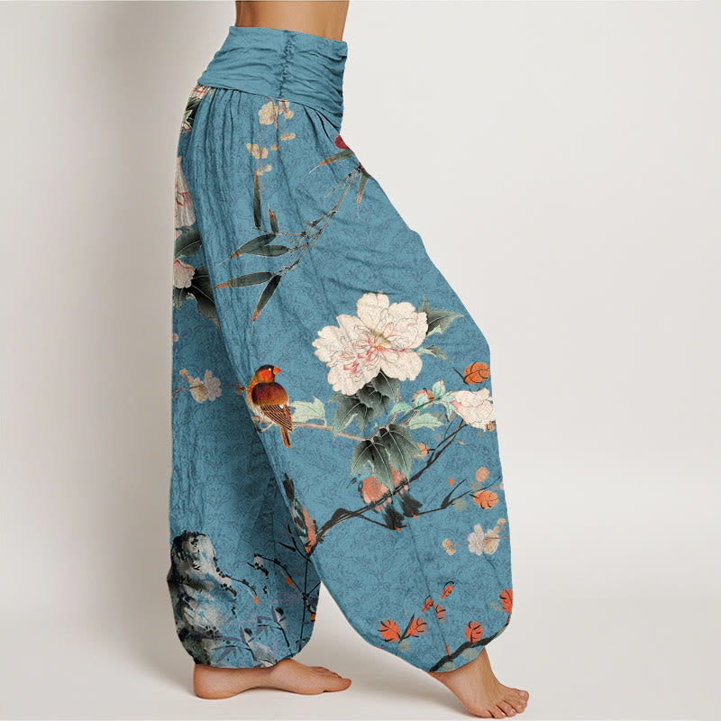 Buddha Stones Cotton Warbler Bird Blooming Flower Branches Mandala Pattern Women's Elastic Waist Harem Pants - image 5