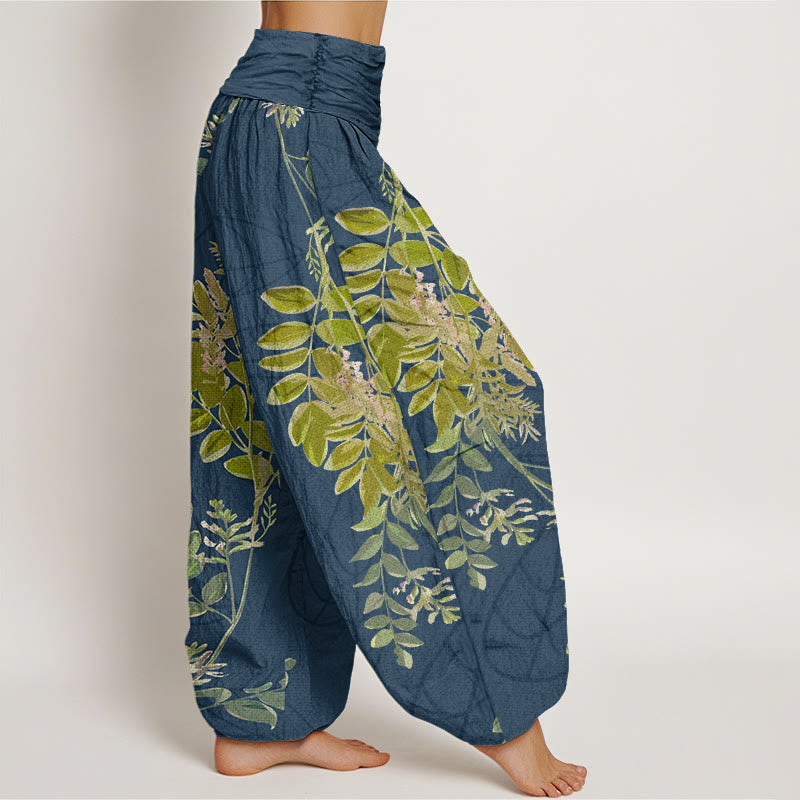 Buddha Stones Cotton Green Leaves Branches Women's Elastic Waist Harem Pants - image 9